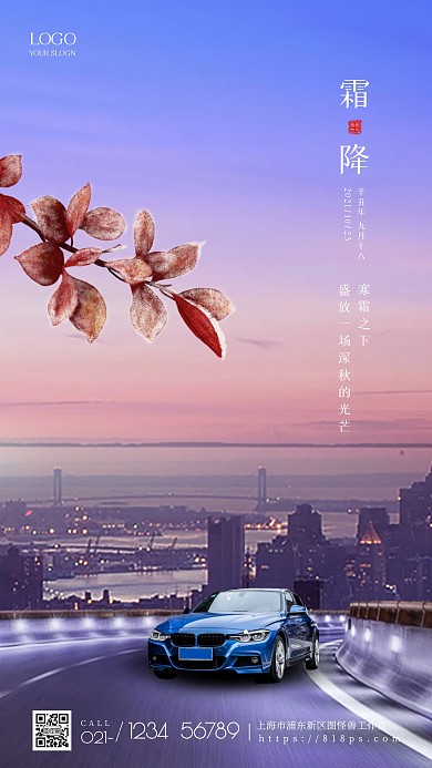 霜降汽车借势宣传创意风景霜花植物手机海报