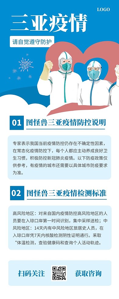 三亚疫情防控蓝色简约风宣传营销长图