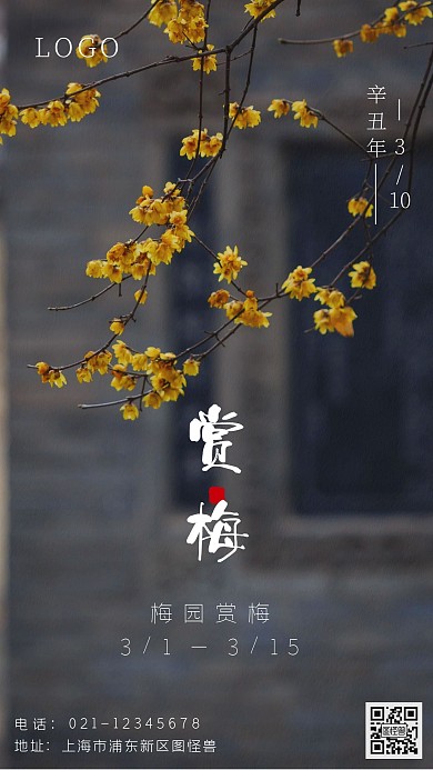 赏梅梅花冬季黑色简约手机海报