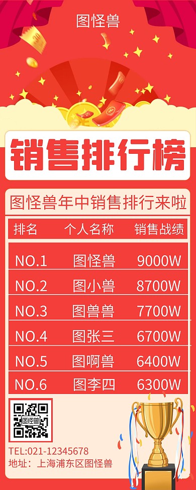简约红色大气销售榜奖杯易拉宝