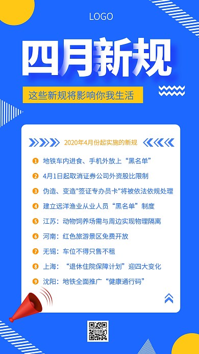 扁平蓝色四月新规热点手机海报