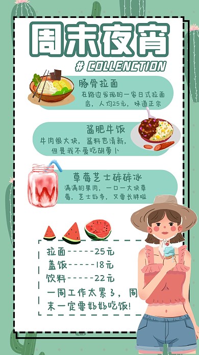 蓝绿清新女孩夜宵手账