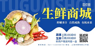 生鲜商城横幅简约蓝色横版海报