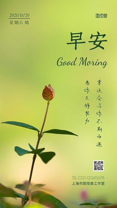 简约风绿色早安励志日签摄影图海报