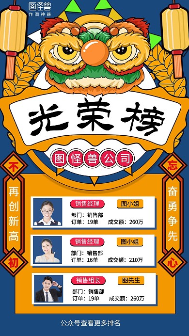 国潮光荣榜喜庆创意蓝色黄色手机海报