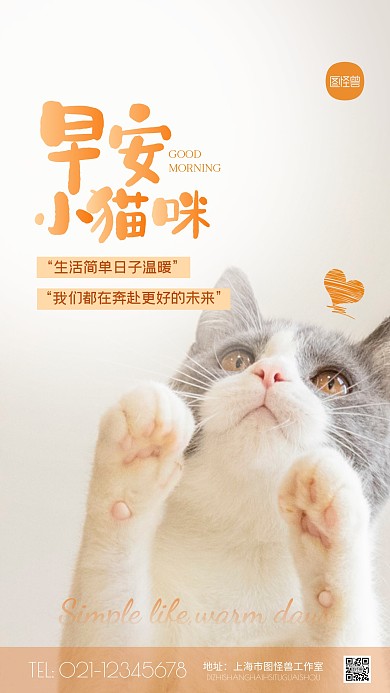 可爱橘色早安猫咪治愈鸡汤摄影图海报
