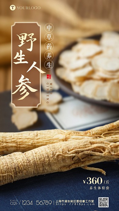 野生人参中草药养生摄影图海报