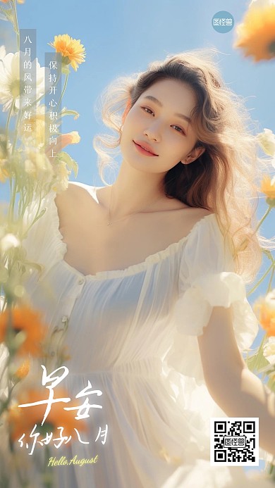 八月你好早安日签人物手机海报