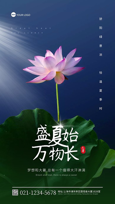简约大气摄影风荷花大暑励志创意摄影图海报