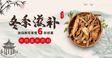 古风水墨风中药材滋补药材电商横版海报
