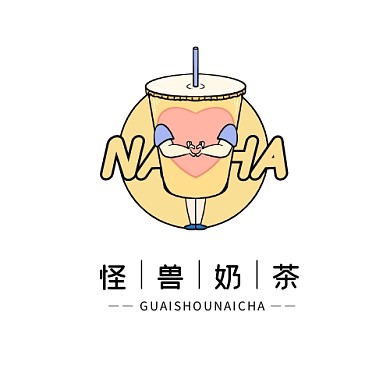 奶茶logo设计简约手绘黄色比心