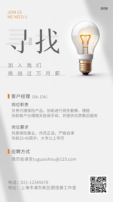 保险行业精英招聘简约光影风海报