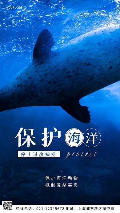 海洋公益蓝色简约风大气摄影图海报