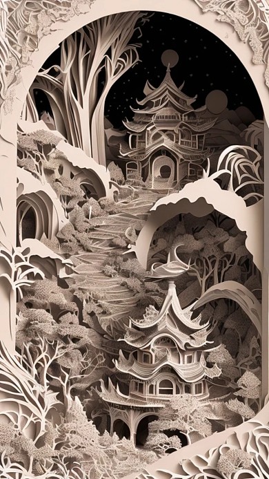 剪纸风建筑物艺术创意AI作品数字插画