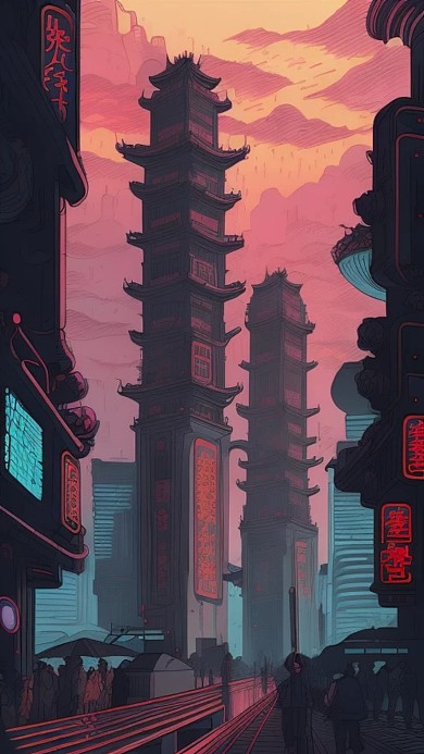 插画赛博朋克城市建筑物AI作品数字插画