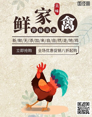 新鲜家禽促销简约褐色竖版海报