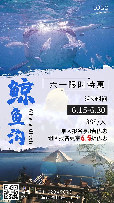 鲸鱼沟宣传海报蓝色插图简约大气宣传