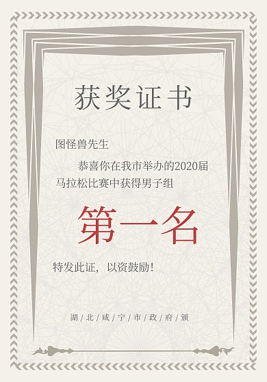 简约马拉松比赛获奖证书