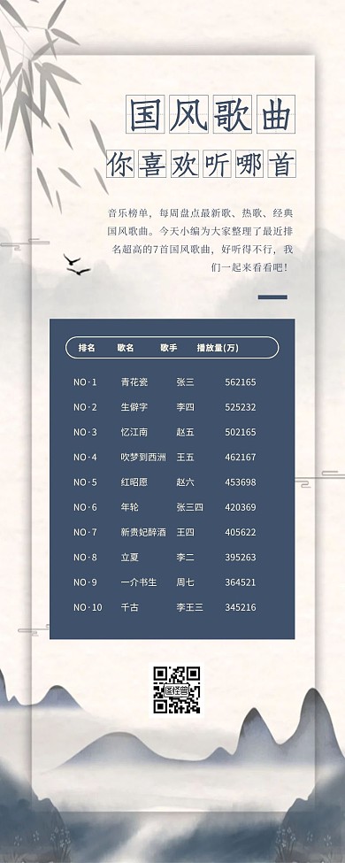 古风水墨中国风歌曲播放排行榜宣传营销长图