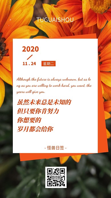 11月摄影橙色花朵励志日签