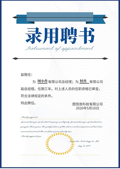 淡蓝色简约录用聘书企业任命书