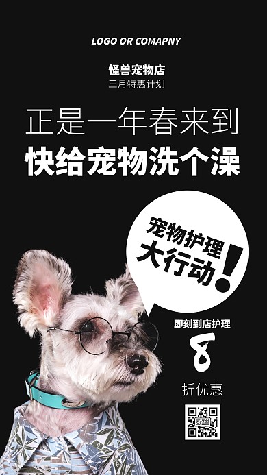 三月你好品牌介绍吃喝玩乐宠物店促销海报