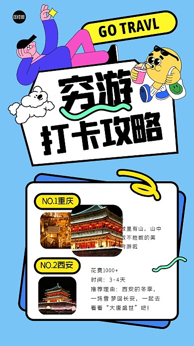 旅游穷游攻略描边海报