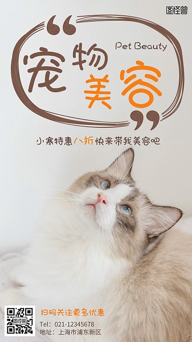 小寒宠物美容优惠简约咖色宠物手机海报
