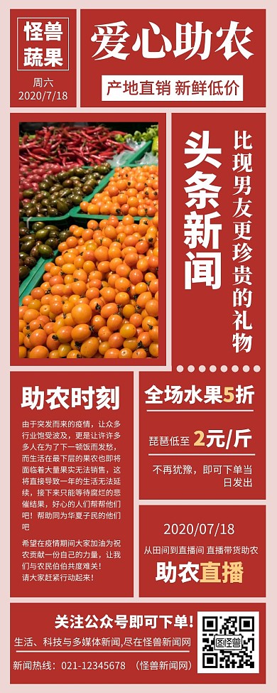日快讯新闻早报助农头条红色长图海报