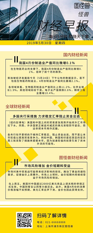 黄色简约线条怪兽财经早报快讯长图