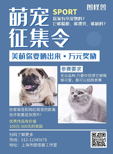 萌宠征集令蓝色创意简约宣传海报