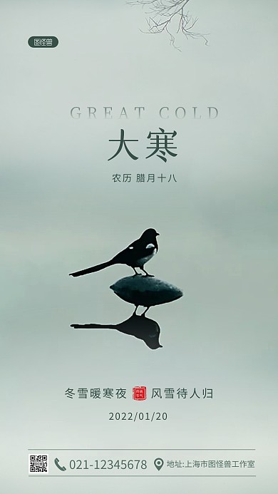 大寒传统节气祝福宣传动物摄影图海报