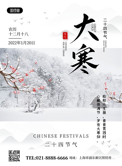 二十四节气大寒古风精致竖版海报