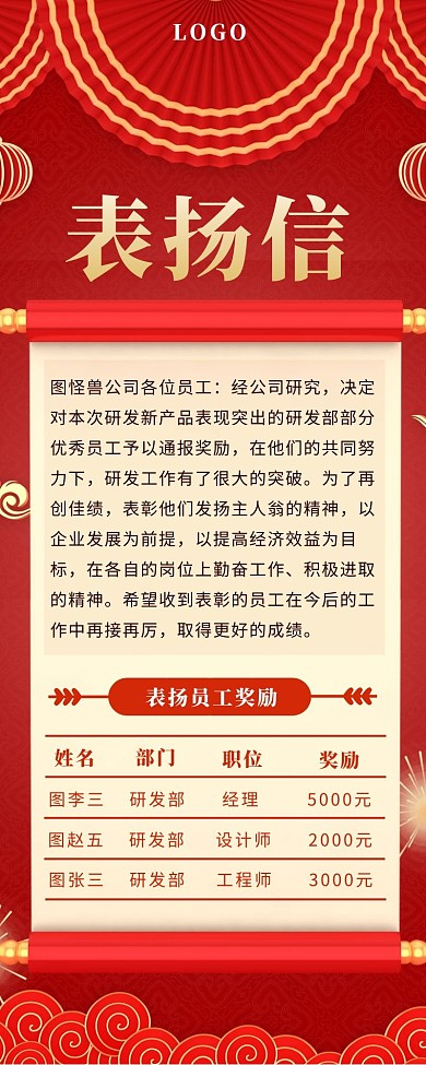 红色手绘喜庆员工表扬信营销长图