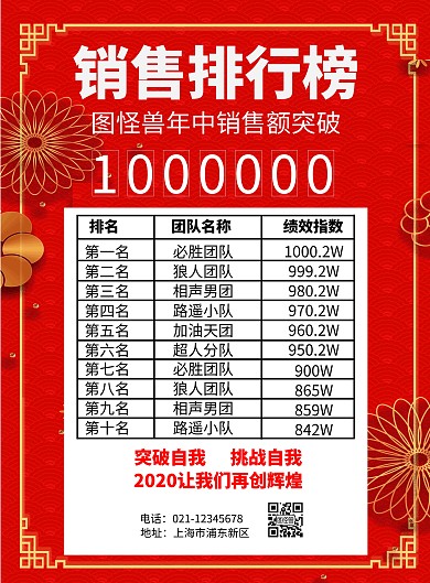 红色销售业绩公布单排行创意竖版海报