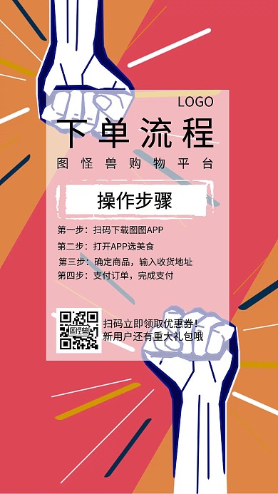 下单流程指引海报简约大气卡通宣传