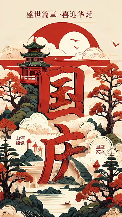 中国风山水国庆节祝福问候AIGC手机海报