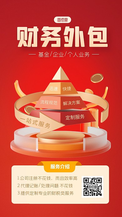 红色大气财务外包业务介绍3D海报