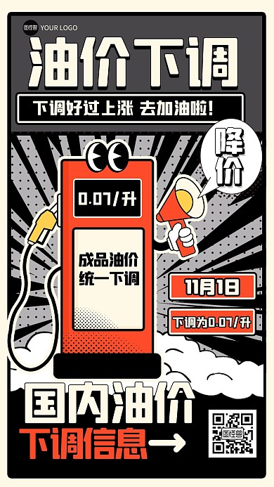 趣味油价下调漫画风海报