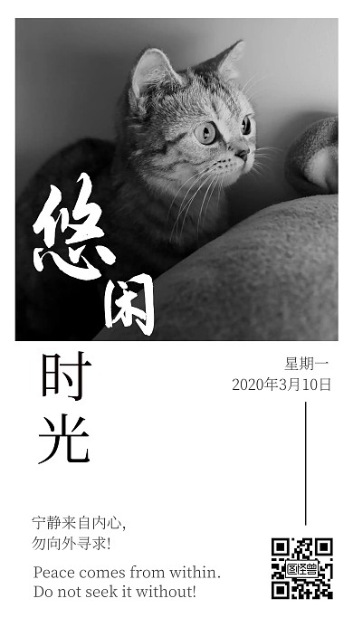 悠闲时光黑白猫日签海报