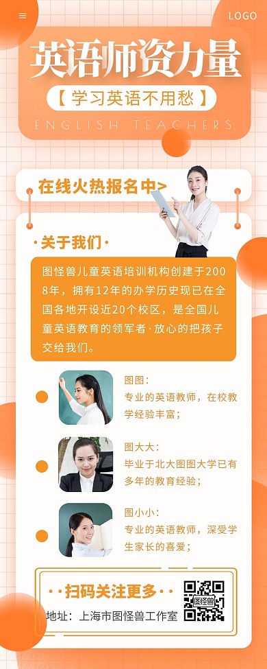 商务扁平风英语师资介绍橘色长图