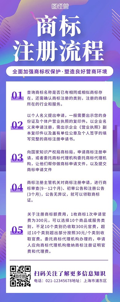 紫色渐变扁平风商标注册流程营销长图
