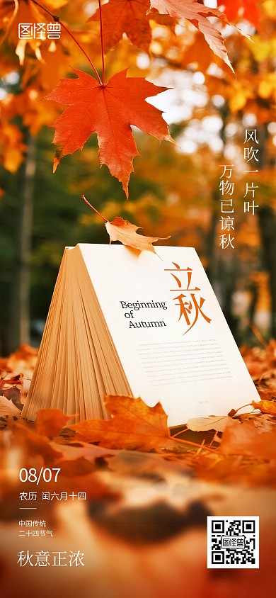 秋天落叶立秋节气宣传海报