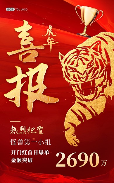原创2022虎年元旦开门红喜报竖版海报