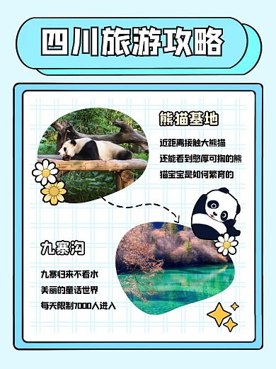 旅游推荐四川卡通蓝色小红书封面