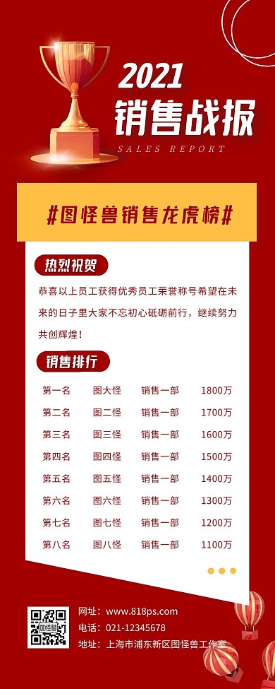 2021销售战报海报红色简约营销长图