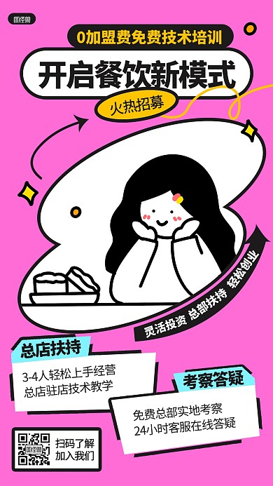餐饮行业加盟技术培训描边海报