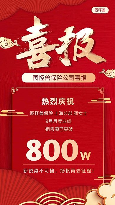 红金大气保险签单业绩表彰喜报手机海报