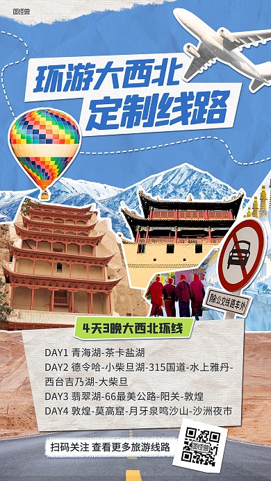 环游大西北旅游线路拼贴海报
