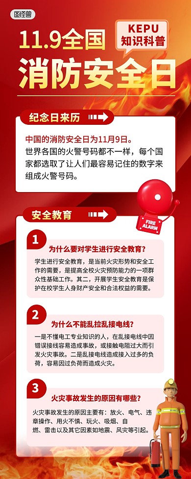 全国消防安全日119红色简约营销长图